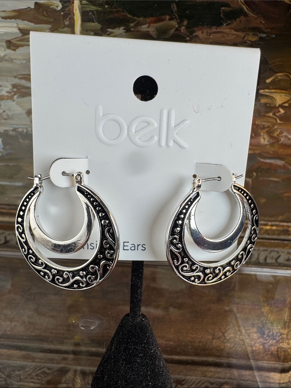 0619-belk Silver and Black Filigree Crescent Hoop Earrings